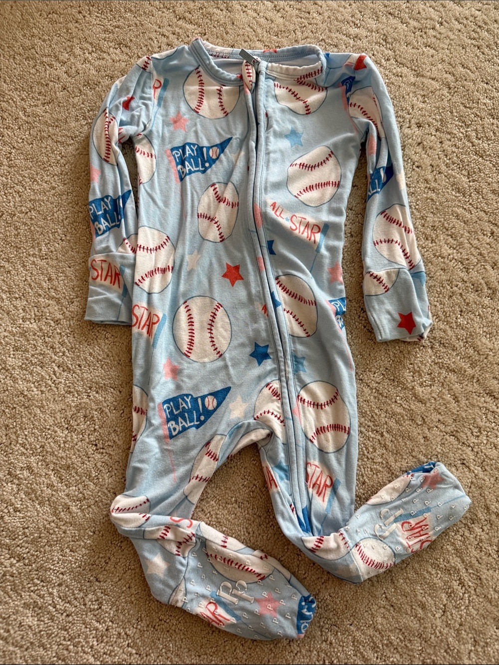 Posh Peanut Light Blue Baseball Print Footie Pajamas with Red & Blue Accents